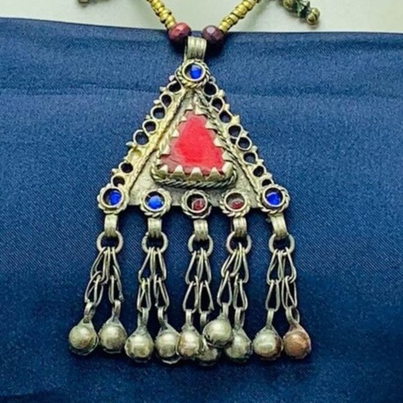 Vintage Triangular Amulet Style Pendant Necklace, Beaded Chain Necklace - Picture 5 of 13
